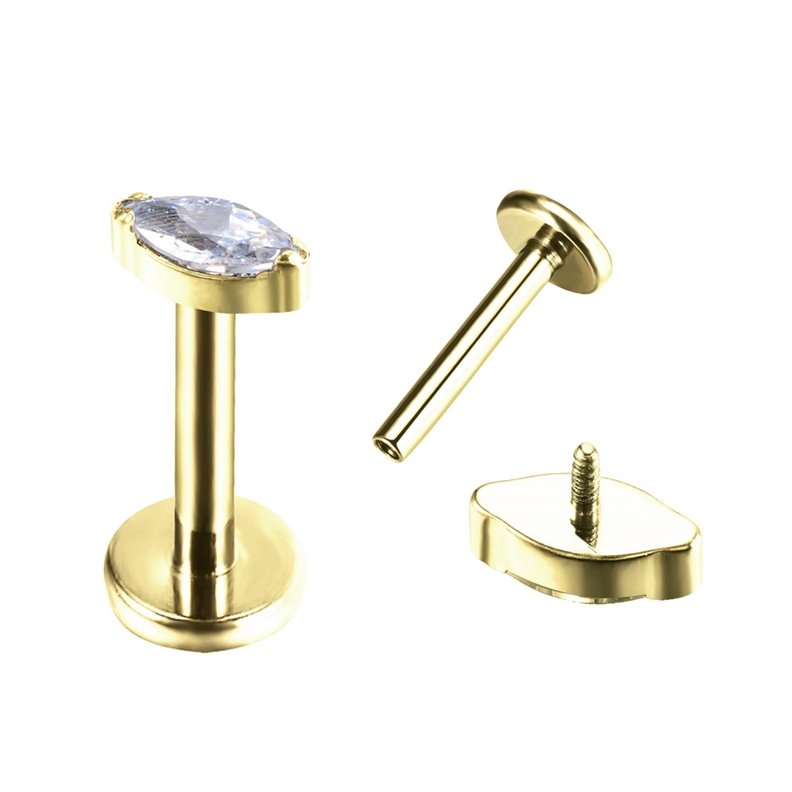 Piercing Labret Oval avec zircon griffé en Titane PVD Gold