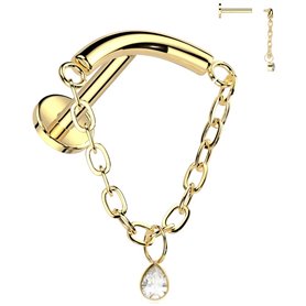 Piercing Labret arqué avec chaîne et zircon en Titane PVD Gold