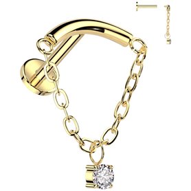Piercing Labret arqué avec chaîne et zircon rond en Titane PVD Gold