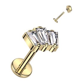 Piercing Labret 3 Zircons rectangulaires en Titane PVD Gold