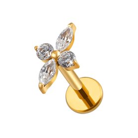 Piercing Labret floral avec zircons Titane PVD Gold
