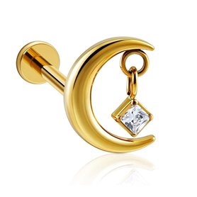 Piercing Labret croissant de lune avec strass en Titane PVD Gold