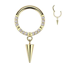 Piercing Anneau Clicker orné de zircons avec pendentif conique en Titane PVD Gold