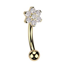 Piercing Barbell courbé design fleur et zircon en Titane PVD Gold