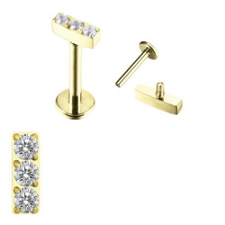 Piercing Labret Rectangulaire 3 strass en Titane PVD Gold