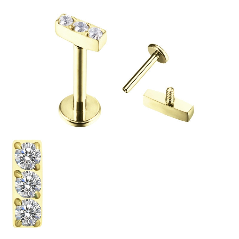Piercing Labret Rectangulaire 3 strass en Titane PVD Gold Piercing Labret Rectangulaire 3 strass en Titane PVD Gold