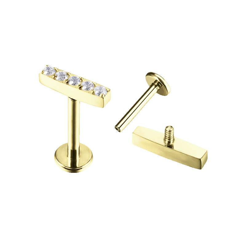 Piercing Labret Rectangulaire 5 strass en Titane PVD Gold Piercing Labret Rectangulaire 5 strass en Titane PVD Gold