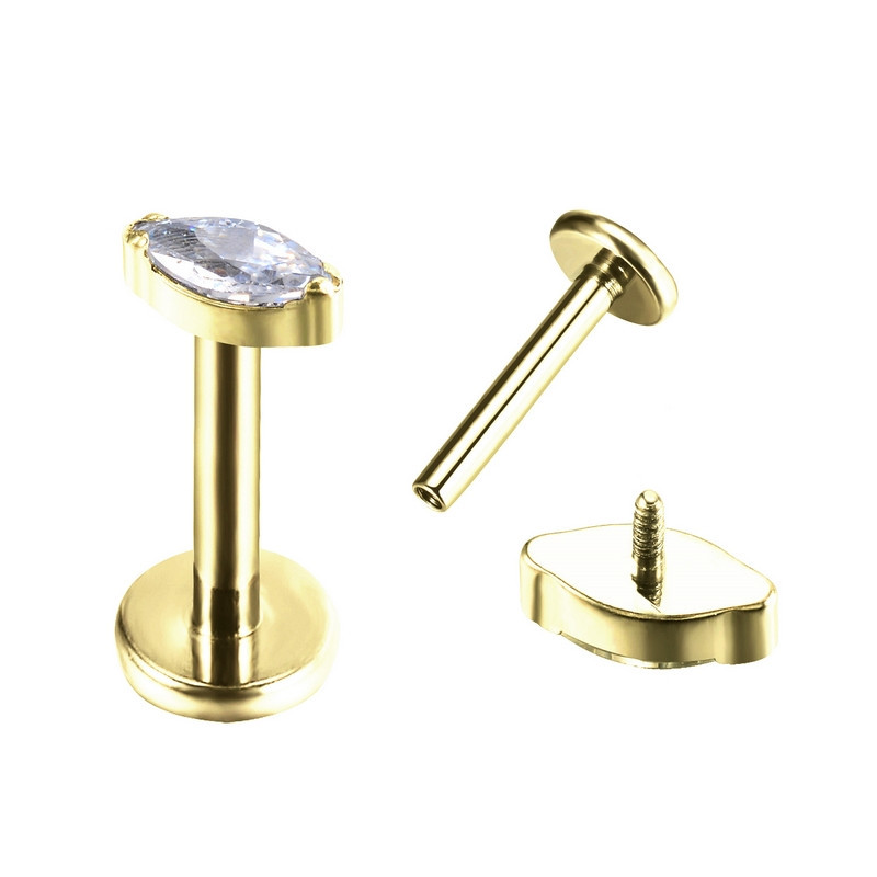 Piercing Labret Oval avec zircon griffé en Titane PVD Gold Piercing Labret Oval avec zircon griffé en Titane PVD Gold
