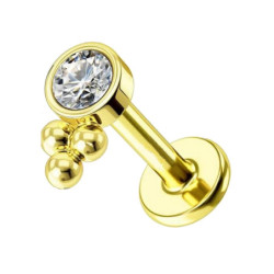 Piercing Labret Zircon griffé avec 3 boules en Titane PVD Gold