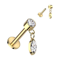 Piercing Labret pendentif avec zircon en forme d'amande en Titane PVD Gold