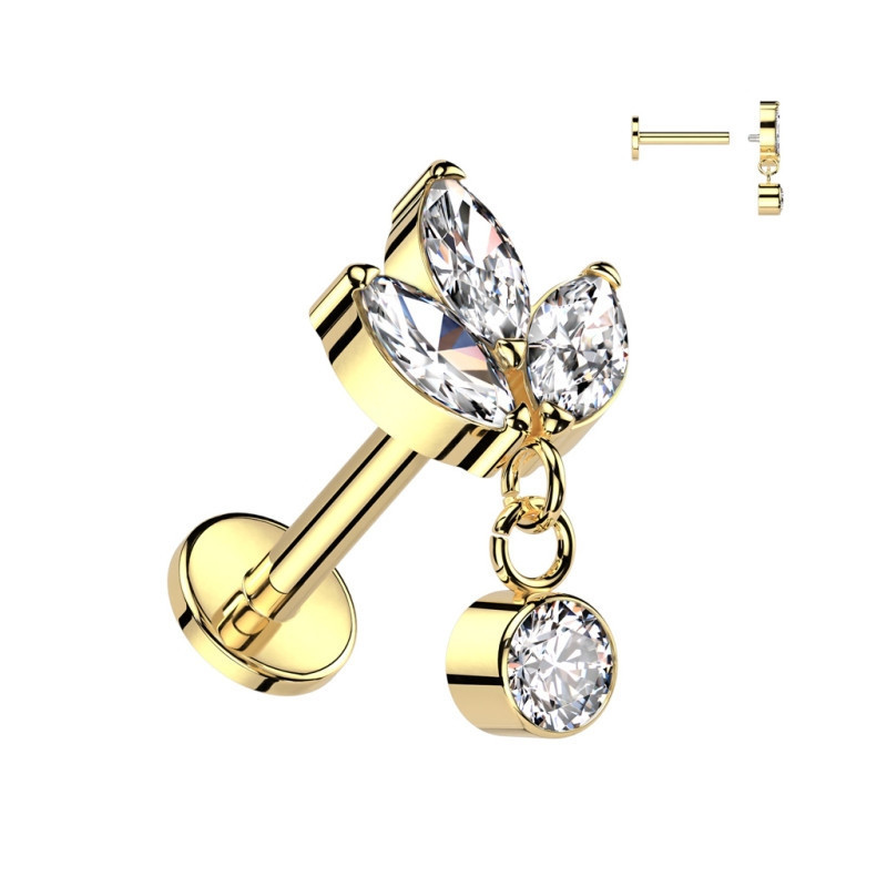 Piercing Labret pendentif avec 3 pierres en amande en Titane PVD Gold Piercing Labret pendentif avec 3 pierres en amande en Titane PVD Gold