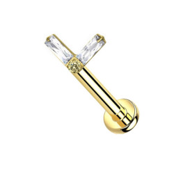 Piercing Labret en forme de V orné de zircon en Titane PVD Gold