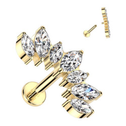 Piercing Labret marquise avec 7 zircons en Titane PVD Gold