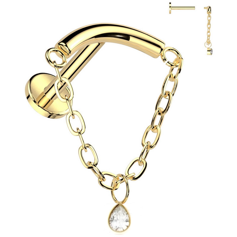 Piercing Labret arqué avec chaîne et zircon en Titane PVD Gold Piercing Labret arqué avec chaîne et zircon en Titane PVD Gold