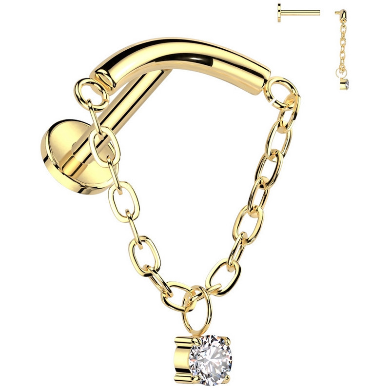 Piercing Labret arqué avec chaîne et zircon rond en Titane PVD Gold Piercing Labret arqué avec chaîne et zircon rond en Titane PVD Gold
