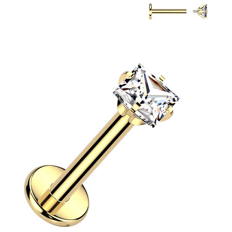 Piercing Labret avec zirconium griffé carré en Titane PVD Gold Piercing Labret avec zirconium griffé carré en Titane PVD Gold