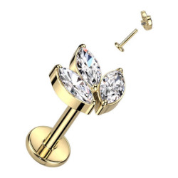 Piercing Labret avec 3 pierres en mandorle en Titane PVD Gold