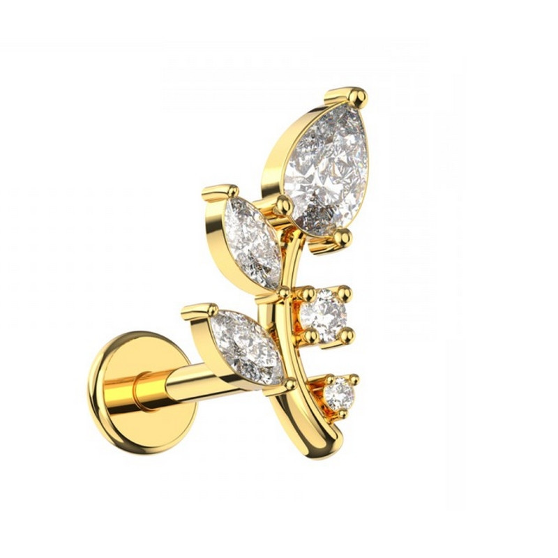 Piercing Labret feuilles avec zircons en Titane PVD Gold Piercing Labret feuilles avec zircons en Titane PVD Gold