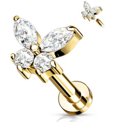 Piercing Labret papillon orné de zircons Titane PVD Gold