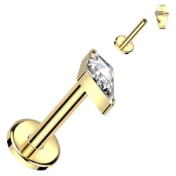 Piercing Labret en forme de losange avec zircon en Titane PVD Gold