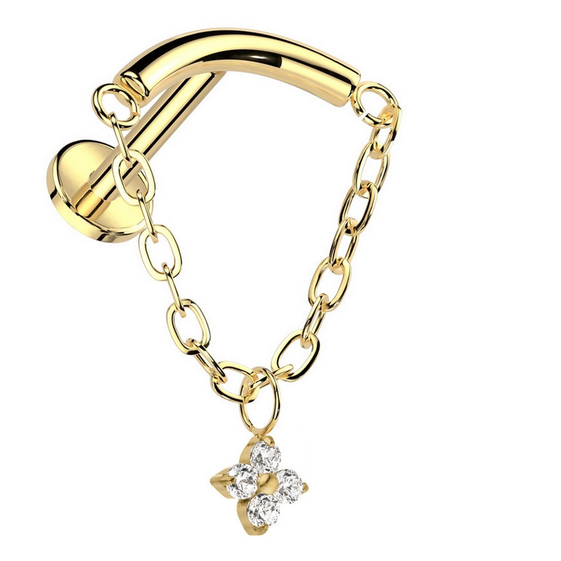 Piercing Labret arqué avec chaîne et pendentif floral en zircons en Titane PVD Gold Piercing Labret arqué avec chaîne et pendentif floral en zircons en Titane PVD Gold