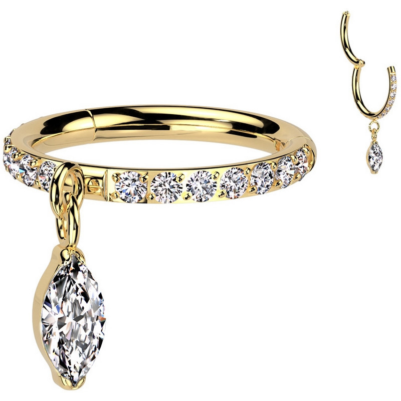 Piercing Anneau Clicker serti de zircons avec un pendentif en marquise en Titane PVD Gold Piercing Anneau Clicker serti de zircons avec un pendentif en marquise en Titane PVD Gold