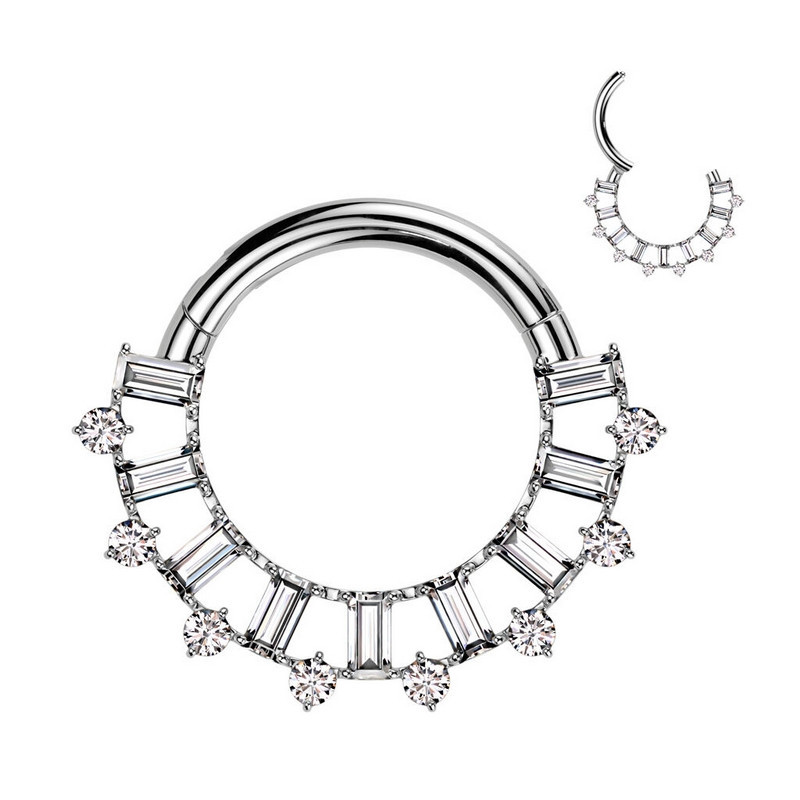 Piercing Anneau Clicker serti de zircons rectangulaires et ronds en Titane