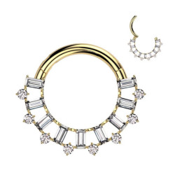 Piercing Anneau Clicker serti de zircons rectangulaires et ronds en Titane PVD Gold