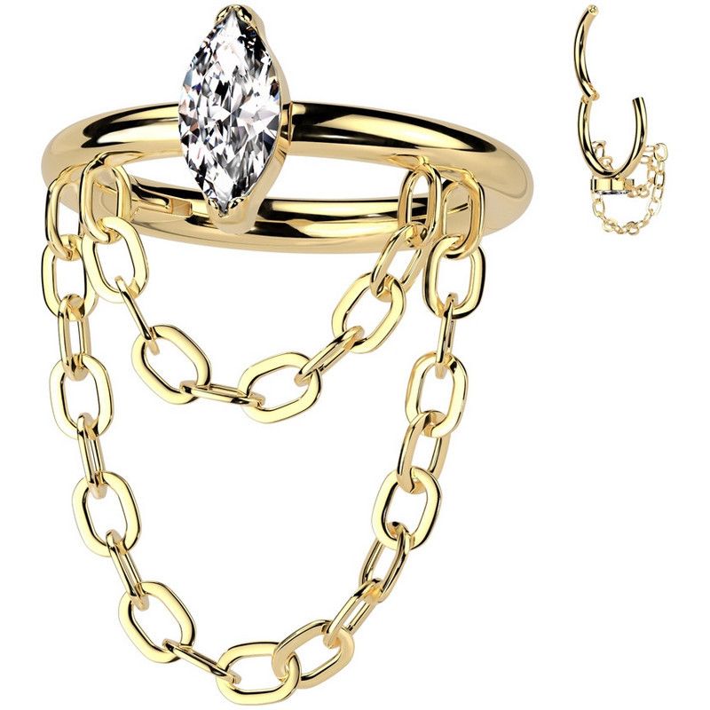 Piercing Anneau Clicker avec marquise et chaînes élégantes en Titane PVD Gold Piercing Anneau Clicker avec marquise et chaînes élégantes en Titane PVD Gold