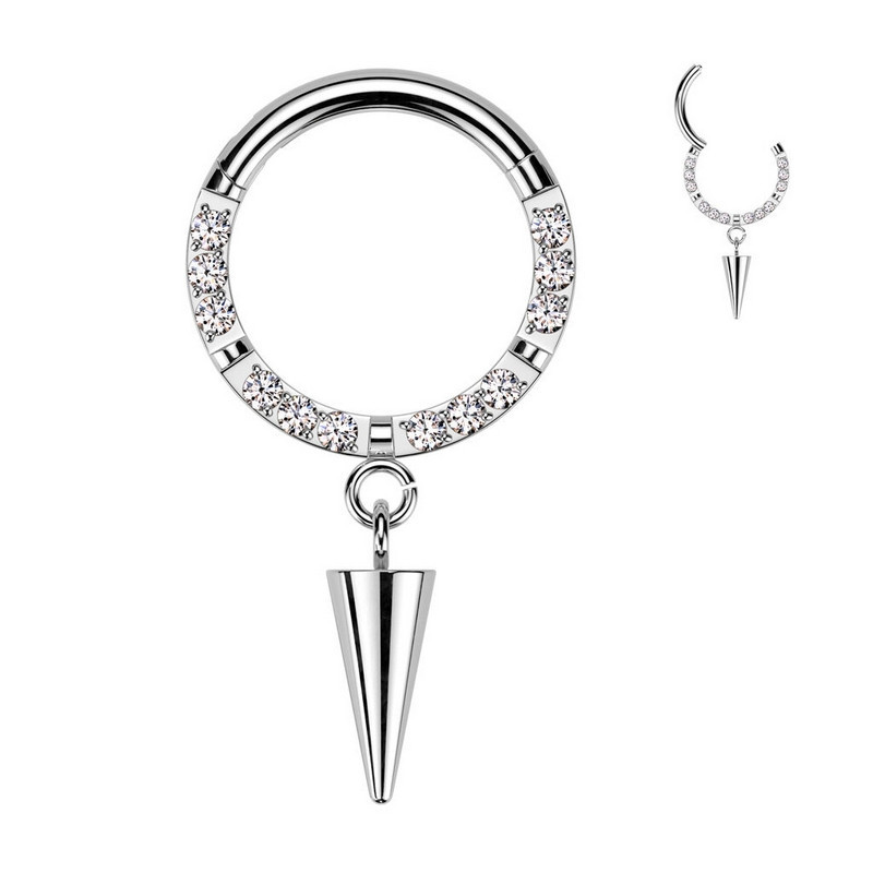 Piercing Anneau Clicker orné de zircons avec pendentif conique en Titane