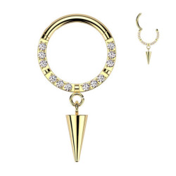 Piercing Anneau Clicker orné de zircons avec pendentif conique en Titane PVD Gold