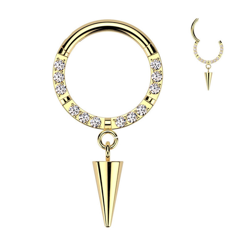 Piercing Anneau Clicker orné de zircons avec pendentif conique en Titane PVD Gold Piercing Anneau Clicker orné de zircons avec pendentif conique en Titane PVD Gold