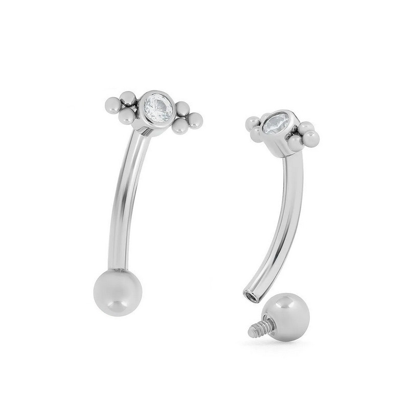 Piercing Barbell courbé zircon griffé avec boules en Titane