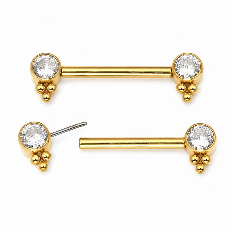 Barbell Droit Téton PVD Gold Threadless Cabochon Strass Dots Barbell Droit Téton PVD Gold Threadless Cabochon Strass Dots