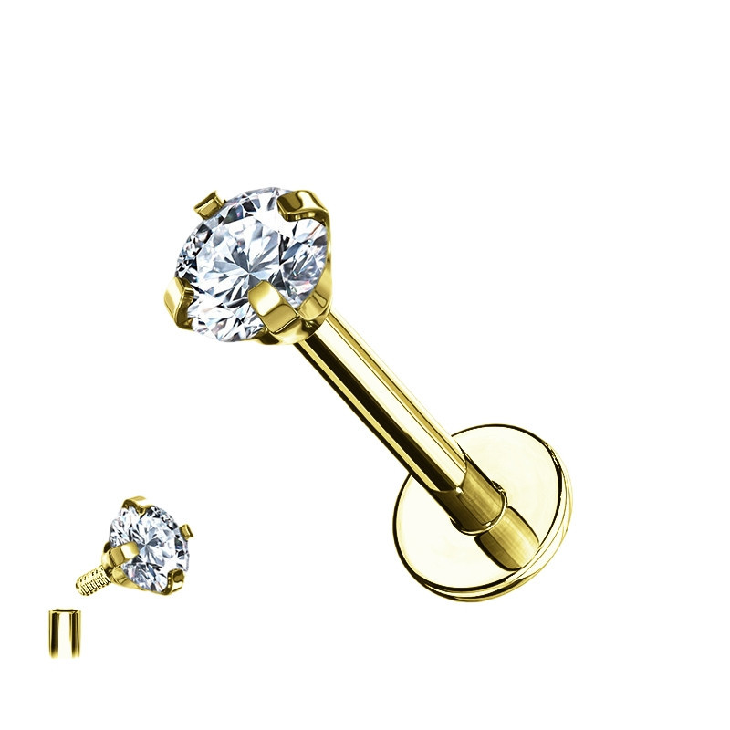 Piercing Labret avec zirconium griffé en Titane PVD Gold Piercing Labret avec zirconium griffé en Titane PVD Gold